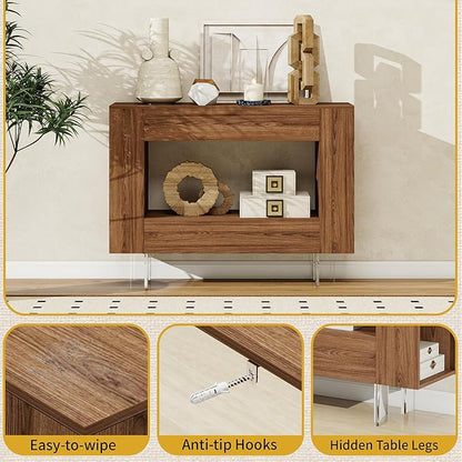 Narrow Console Table with Hidden Side Storage Cabinets, Adjustable Shelves, Farmhouse Entryway Sofa Table for Behind The Couch, Living Room, Hallway, Walnut