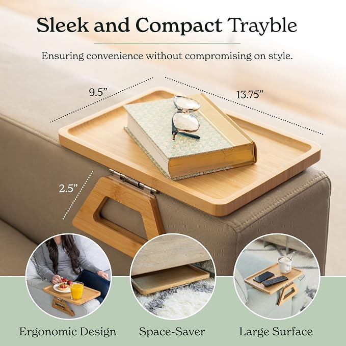 Shamrock Home Bamboo Trayble Couch Arm Table, Clip On Tray Sofa Table for Couches. Sofa Arm Tray for TV Dinners, Remotes, Drinks, Snacks and Small Spaces - 13.75 x 9.5inch, Beige