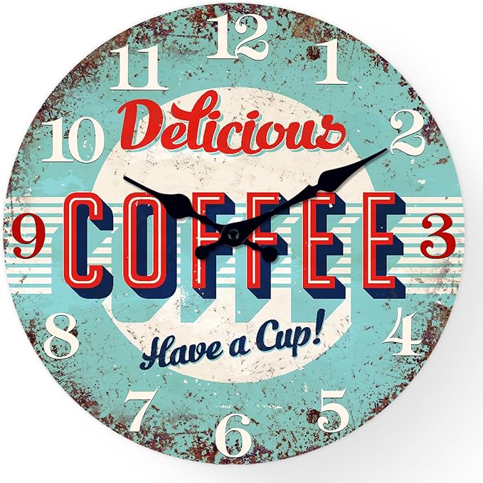 XFM Rustic Kitchen Wall Clock 10 Inch Blue Wooden Wall Clocks Silent Non-Ticking Battery Operated Retro Round Clocks for Cafes Bar Farmhouse Office