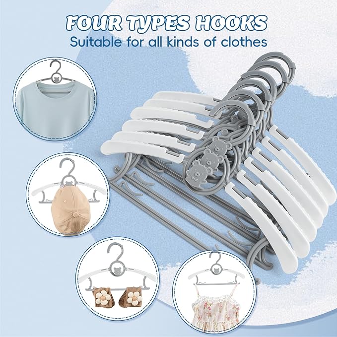 Baby Hangers for Closet Adjustable, Extendable & Stackable Kids Hangers, 11~14inch Non-Slip Plastic Kid Hangeres, Toddler Hangeres for Infant Baby Toddler Children Nursery Teen, Gray, Pack of 60