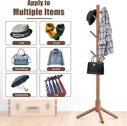 Haddockway Wooden Coat Rack Stand with 8 Hooks New Zealand Pine 3 Adjustable Coat Standing Tree Easy Assembly for Coats, Hats, Scarves and Handbags for Entryway, Hallway, Bedroom, Office,2 PCS