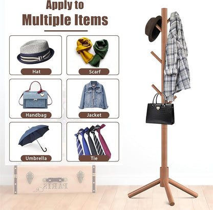 Haddockway Wooden Coat Rack Stand with 8 Hooks New Zealand Pine 3 Adjustable Coat Standing Tree Easy Assembly for Coats, Hats, Scarves and Handbags for Entryway, Hallway, Bedroom, Office