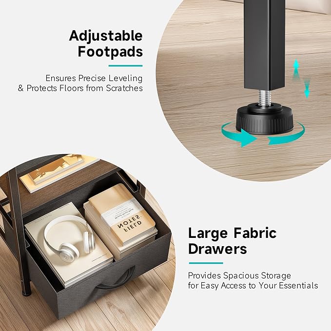 Lazzanto Night Stand Bedside Table Bedroom - Tall Nightstand with Charging Station & LED Light Strip, Bed Side Table with Storage Shelf & 4 Fabric Drawers, 2 U-S-B Ports & 2 AC Outlets