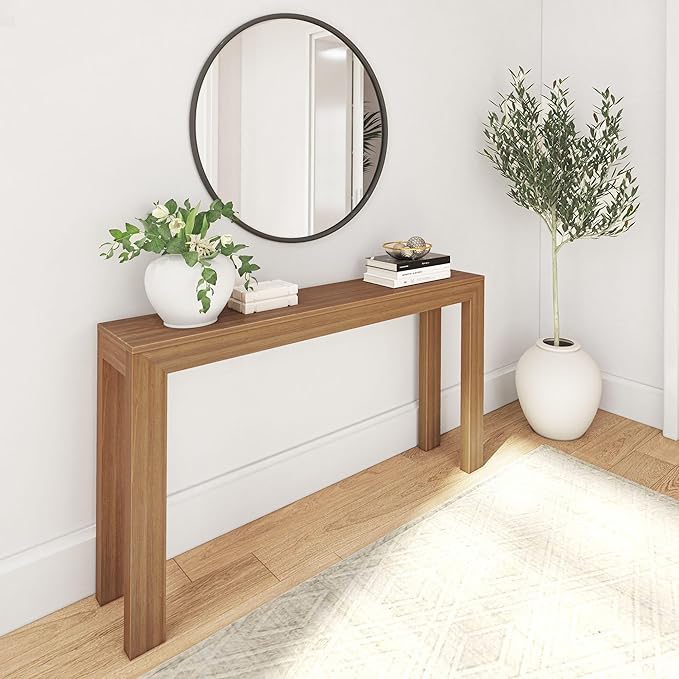 Plank+Beam Modern Solid Wood Console Table, 56 Inch, Sofa Table, Narrow Entryway Table for Hallway, Behind The Couch, Living Room, Foyer, Easy Assembly, Pecan