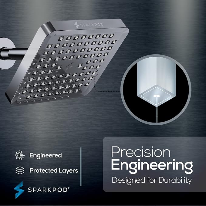 SparkPod Rain Shower Head, 6 Inch Square | High Pressure Shower Heads, 90 Nozzle (Touch-to-Clean), Adjustable Showerhead, No-tool Universal Connection