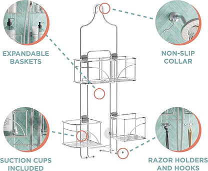 Zenna Home Shower Caddy Hanging Bathroom Organizer, Steel Shower Shelves with 4 Sliding Baskets and Built in Hooks, Accomodates Hose for Handheld Shower Head Storage System, Chrome