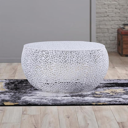 Modern Contemporary Round 32" Coffee Table, Solid Aluminum intrigued Design, Drum Shaped Mesh Cocktail Table, Creative Center Table for Living Room and Bedroom, Casted in White