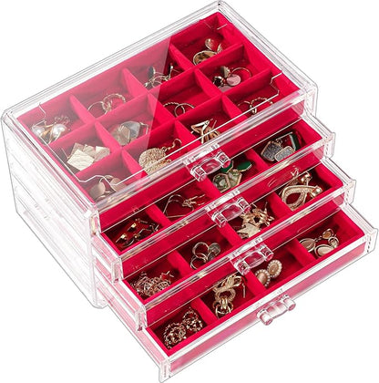 Lolalet Earring Holder Organizer Box Jewelry Storage with 4 Drawers, Clear Acrylic Stackable Earring Case with Adjustable Velvet Trays for Women on Dresser Vanity -Red, 4 Layers