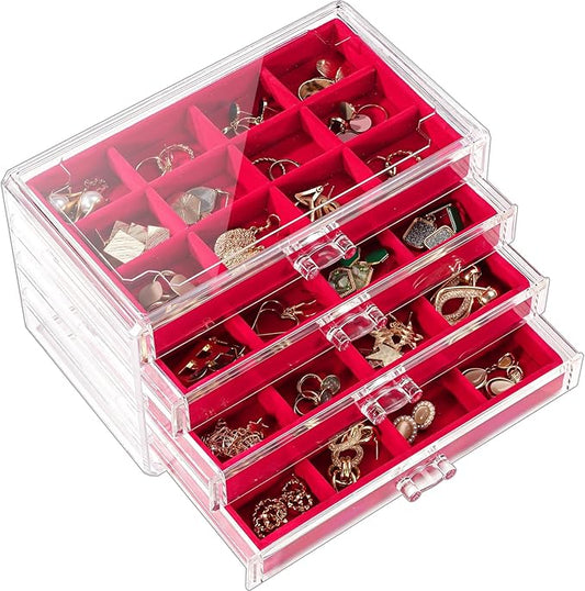 Lolalet Earring Holder Organizer Box Jewelry Storage with 4 Drawers, Clear Acrylic Stackable Earring Case with Adjustable Velvet Trays for Women on Dresser Vanity -Red, 4 Layers