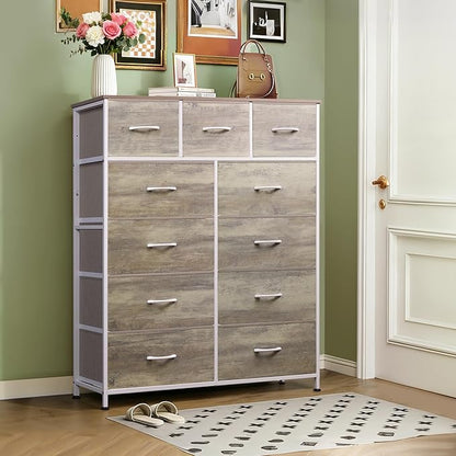 Tall Console Table with 11 Fabric Drawers, Entryway Table with Storage, Tall Storage Organizer with Wood Top, Steel Frame for Living Room, Hallway, Office, Greige