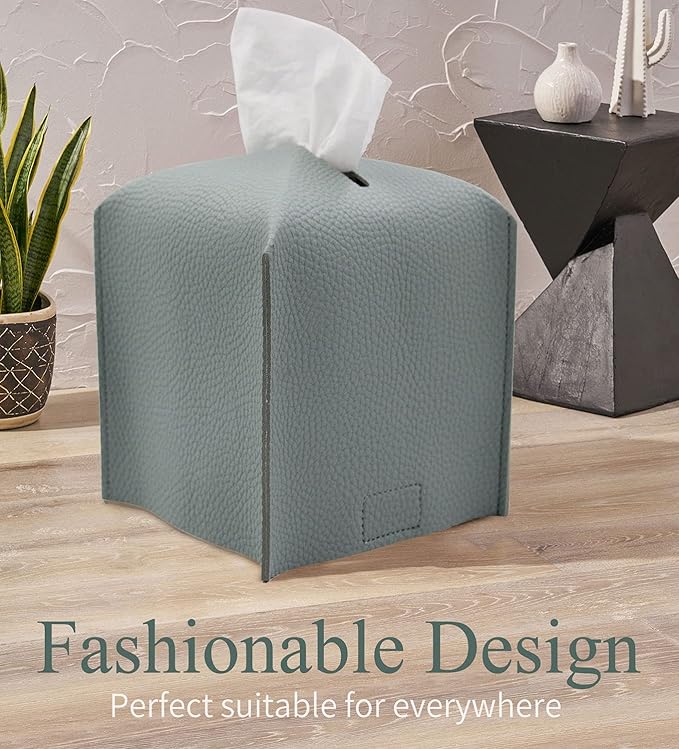 Livelab Tissue Box Cover Holder, Square Modern Decoration PU Leather Facial Tissues Case Roll Paper Dispenser for Bathroom Vanity Countertop, Night Stands, Office Desk Car 5X5X5'' | Water Blue