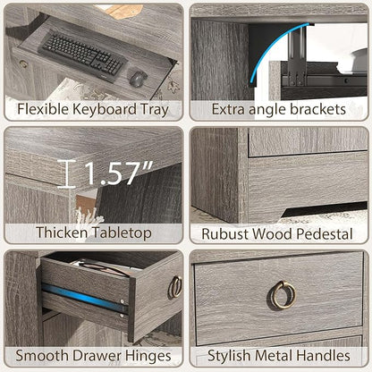 HSH 55" Office Computer Desk with Drawers, Farmhouse Grey Executive Desk with Storage Shelves and Cabinet, Modern Wooden Computer Table Teacher Desks with Keyboard Tray for Home Writing Work Study