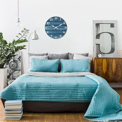XFM Blue Wooden Wall Clock 14 Inch Silent Wall Clocks Battery Operated Decorative Farmhouse Rustic Wall Clock for Kitchen Living Room Office