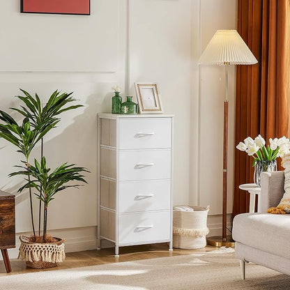 DUMOS Nightstand with 4 Drawers Bedside Table with Removable Fabric Bins Sturdy Steel Frame Wood Top Organizer Furniture for Bedroom Closet Living Room