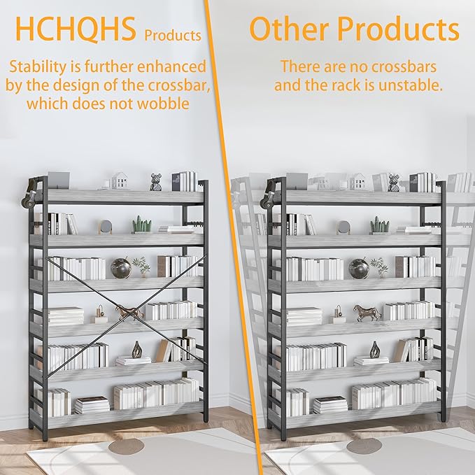 HCHQHS Bookshelf, Adjustable Industrial Bookcase, Vertical Tall Book Shelf, Wood and Black Metal Open Bookshelves for Home Office, Living Room, Bedroom (Grey, 6-Tier (47" W x 70" H))