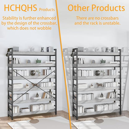 HCHQHS Bookshelf, Adjustable Industrial Bookcase, Vertical Tall Book Shelf, Wood and Black Metal Open Bookshelves for Home Office, Living Room, Bedroom (Grey, 6-Tier (47" W x 70" H))