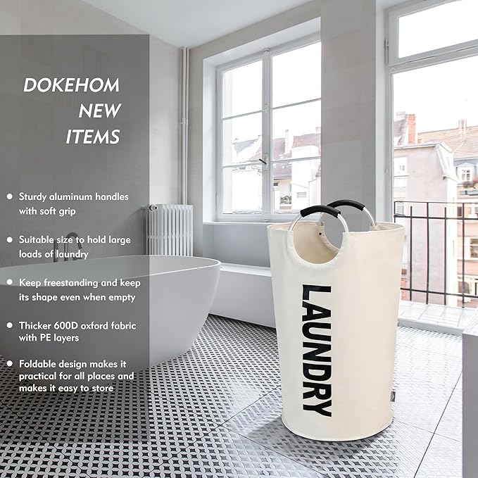 DOKEHOM 125L X-Large Laundry Basket, Collapsible Laundry Bag, Freestanding Tall Clothes Hamper, Foldable Washing Bin (Beige)