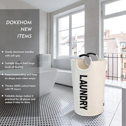 DOKEHOM 125L X-Large Laundry Basket, Collapsible Laundry Bag, Freestanding Tall Clothes Hamper, Foldable Washing Bin (Beige)