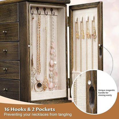 Emfogo Jewelry Box for Women, 5 Layer Large Wood Jewelry Boxes & Organizers for Necklaces Earrings Rings Bracelets, Rustic Jewelry Organizer Box with Drawers and Mirror(Vintage)