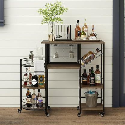 Bar Cart, Home Bar Service Cart with Wine Rack and Glass Holder, Kitchen Cart with Rolling Wheels, Metal Bar Rack with 7 Tiers Storage for Home, Kitchen, Living Room, Dining Room (Brown)
