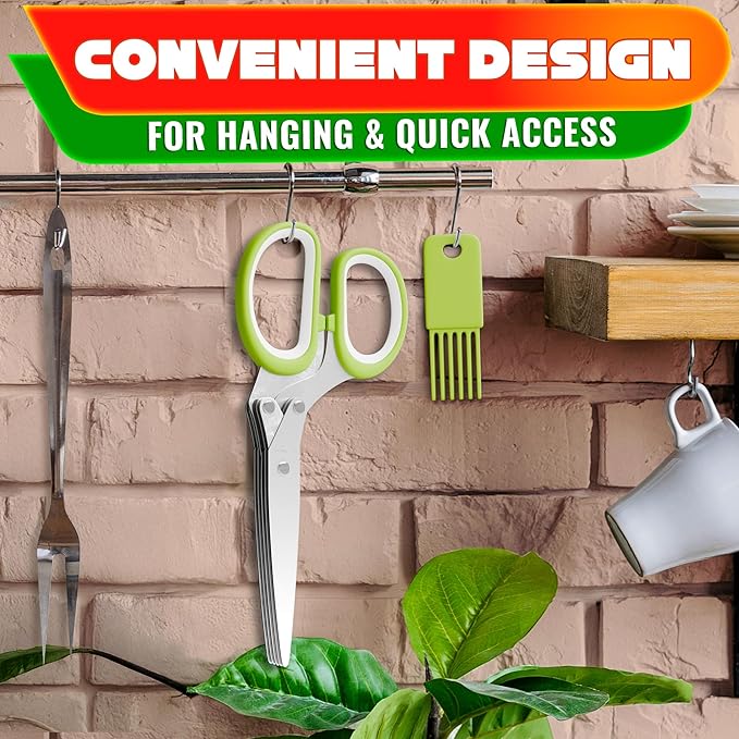 Herb Scissors with 5 Blades and Cover - Mince Fresh Cilantro, Parsley, Scallion, Chives & Dill in Seconds for Salad, Pasta, Tacos & Daily Meal Prep - Stainless Steel Herb Cutter with Cleaning Brush