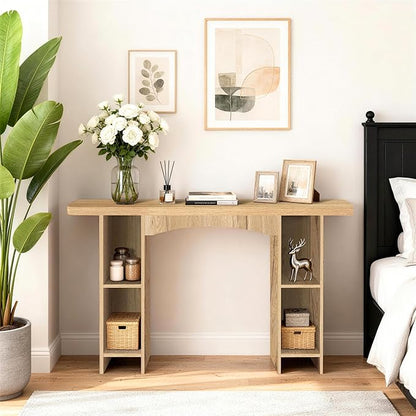 55 Inch Entryway Table Single-Shelf Cabinet, 1.6 Inch Thick Desktop Wooden Console Table with Socket Farmhouse Sofa Table for Entrance, Hallway, Living Room,Behind Couch(Natural Brown)
