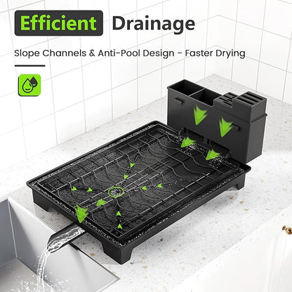 2-Tier Foldable Dish Drying Rack with Drainboard, Stainless Steel Large Capacity Kitchen Counter Organizer with Cup Holder, Utensil & Cutting Board Storage, No Assembly Required, Black