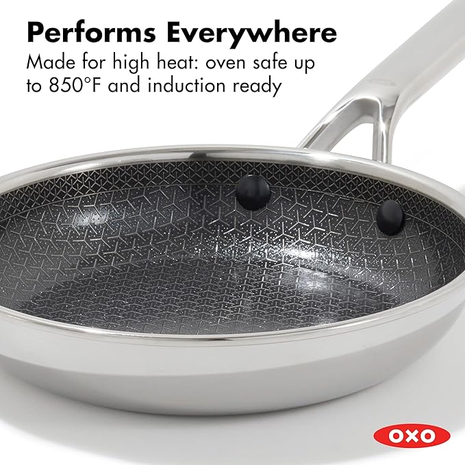 OXO Hybrid 8” Nonstick Stainless Steel Frying Pan, Durable PFAS-Free Ceramic Skillet, Stay-Cool Handle, Induction & All Cooktop Compatible, Dishwasher Safe, Mirror Polished Tri-Ply