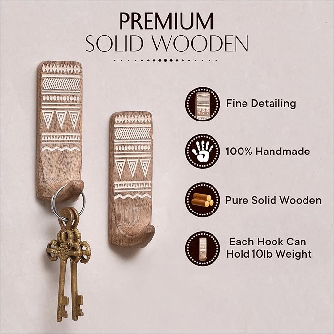 Indian Shelf Boho Decorative Wood Adhesive Wall Hooks for Hanging Coats, Keys, Leash, Hat, Towel Holder, Cute Sticky Key Holder, White Brown Western Wall Décor (6 Hooks 12 Strip)