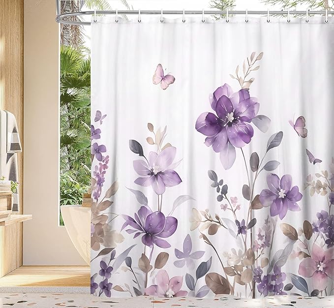 Purple Floral Shower Curtain, Purple Lavender Floral Butterfly Boho Shower Curtains for Bathroom, Farmhous Flower Cute Fabric Shower Curtain Set with 12PCS Hooks, 70X75IN