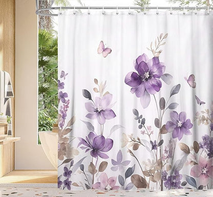 Purple Floral Shower Curtain, Purple Lavender Floral Butterfly Boho Shower Curtains for Bathroom, Farmhous Flower Cute Fabric Shower Curtain Set with 12PCS Hooks, 70X75IN