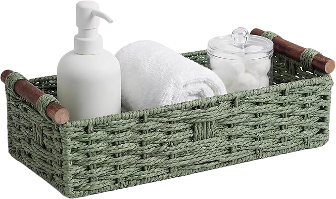 Toilet Paper Basket, Green Wicker Storage Basket with Wooden Handles, Handwoven Paper Rope Toilet Tank Top Organizer, Countertop Basket for Top of Toilet, Wicker Bathroom Baskets for Organizing