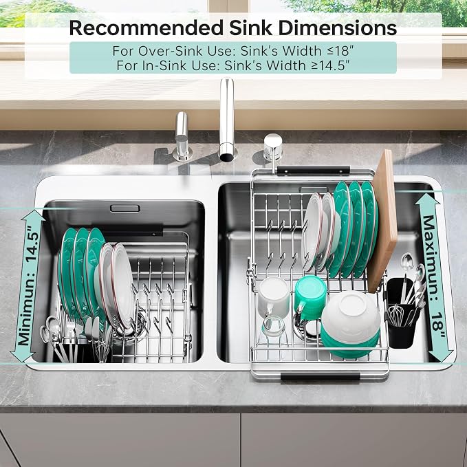 Urackify Dish Drying Rack in Sink - 304 Stainless Steel Expandable (14.5''-18''L) Over The Sink Dish Rack with Utensil Holder, Space-Saving Dish Drainer for Kitchen Counter, Silver