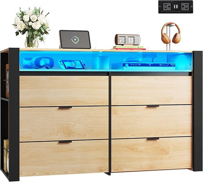 WLIVE 6 Drawer Led Dresser for Bedroom, 51" Wood Dresser with Charging Station for 55" TV, Dressers with Open Shelves, Hanging Rack, Chest of Drawers for Closet, Living Room, Light Oak