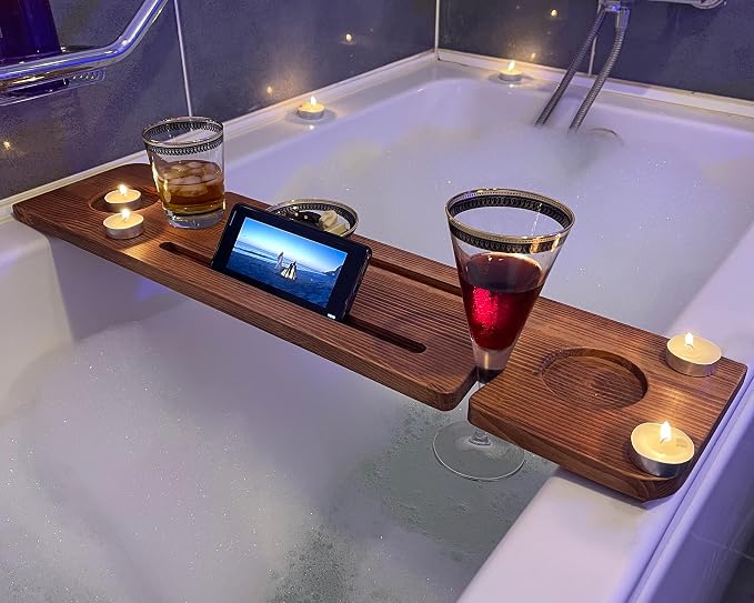 Handmade Wooden Bathtub Tray - 3 Different Size Options - Rustic Structure - Water Insulator - Bath Tray Caddy with Wine Glass Holder (36", NATURAL MAHOGANY)