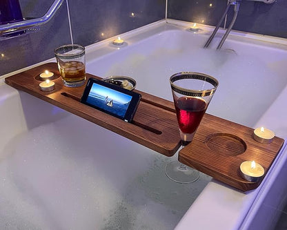 Handmade Wooden Bathtub Tray - 3 Different Size Options - Rustic Structure - Water Insulator - Bath Tray Caddy with Wine Glass Holder (36", NATURAL MAHOGANY)
