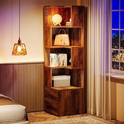 Tribesigns 5-Tier Corner Bookshelf with 2 Drawers, 66.9-Inch Tall Corner Bookcase Shelf, Mid-Century Modern Corner Storage Cabinet Display Rack Shelf for Living Room, Home Office (Rustic Brown)