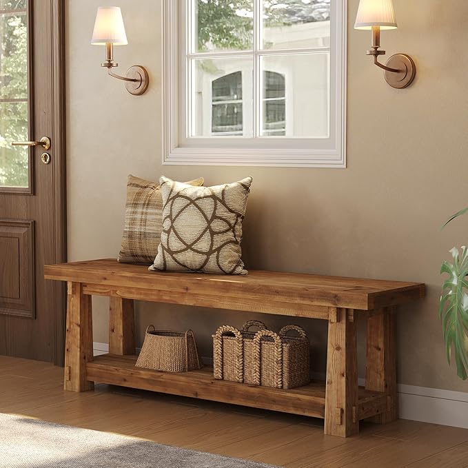 55" Solid Wood Entryway Bench with Shoe Storage, Rustic Hardwood Finishes Foyer Bench with Open Shelf for Hallway, Mudroom, Bedroom, Easy Assembly