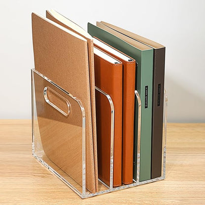 Acrylic Magazine File Holder, 3 Vertical Compartments Desk Document Sorter Organizer, Clear Folder Rack Binder for Office/Documents/Classroom, for Home, Tablet, Magazines, Books & Accessories