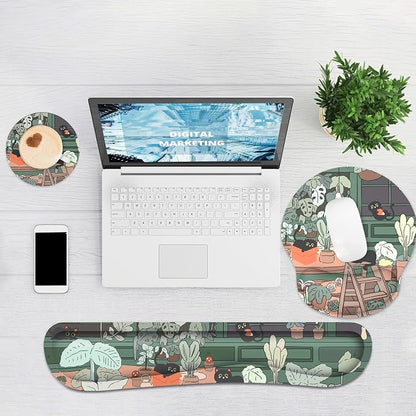 Ergonomic Mouse Pad with Wrist Rest and Keyboard Wrist Rest, Mousepad and Wrist Rest for Computer Keyboard, Pain Relief, Non-Slip Rubber Base, Mouse Pad with Wrist Support for Gaming, Office, Cat