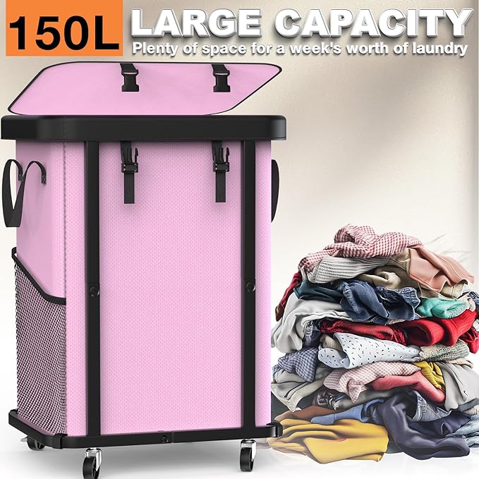 150L (40 Gal) Large Fashion Laundry Basket with Wheels, Leather Patchwork Rolling Hamper Carts, Sturdy Metal Frame, Removable Washable Bag, Tall Clothes Sorter for Bedroom (Pink, 1 Section-150L)