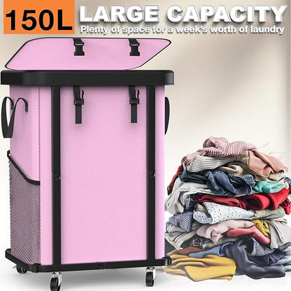 150L (40 Gal) Large Fashion Laundry Basket with Wheels, Leather Patchwork Rolling Hamper Carts, Sturdy Metal Frame, Removable Washable Bag, Tall Clothes Sorter for Bedroom (Pink, 1 Section-150L)