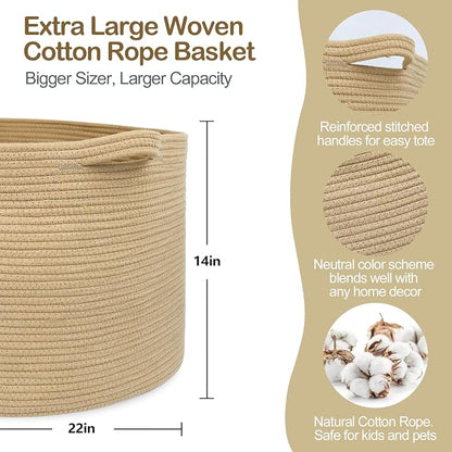 MEGASKET Extra Large Storage Basket, 22" X 22" X 14" Stuffed Animal Basket for Living Room Kids Room, Soft Cotton Rope Bin With Handle, Throw Blanket Storage, Stuffed Animal Toy Organizer Box
