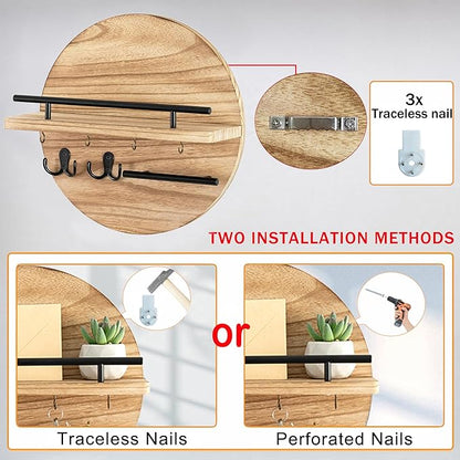 Key Holder for Wall Decorative with Shelf and Hooks, Mail Organizer Wall Mount with Sunglasses Holder, Circular Design Entryway Key Rack Hanger, Rustic Home Decor