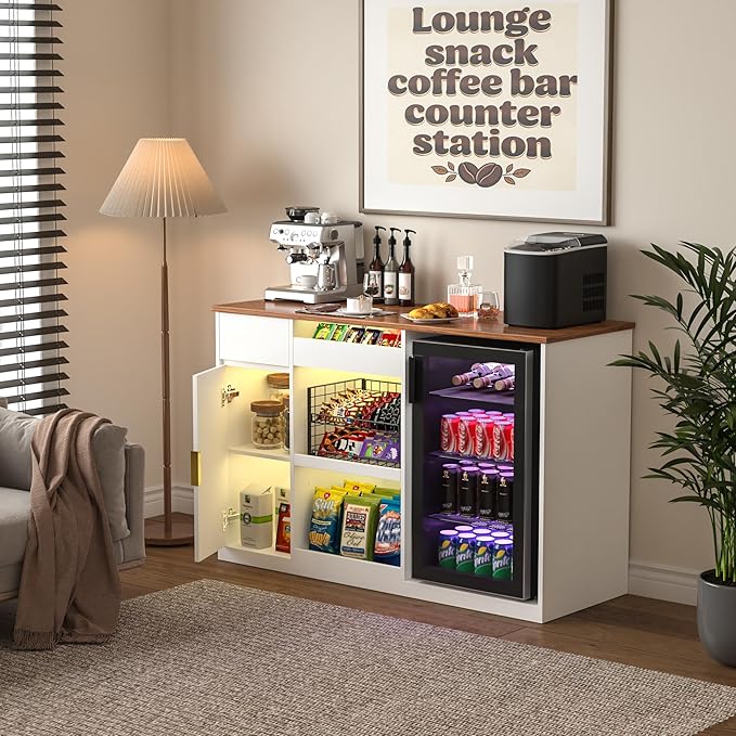 GDLF Snack Bar Cabinet with Fridge Space, White Coffee Bar and Beverage Station with Snack Storage and Display Shelves for Kitchen, Dining Room or Family Room, 51.2"
