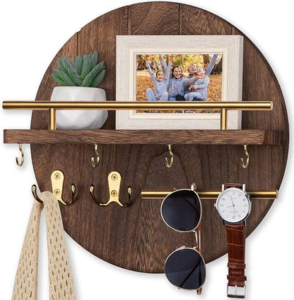 Nekon Key Holder Wall Mount, 11.8 Inch Rack With Shelf and 6 Hooks, Rustic Mail Organizer, Circular Wooden Hanger for Entryway Hallway Kitchen (Brown&Gold)