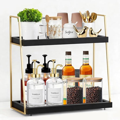 Coffee Bar Accessories, Black Gold Coffee Station Organizer for Countertop Decor, 2 Tier Large Wooden CoffeeBar Shelf for Office, Breakroom, Bathroom