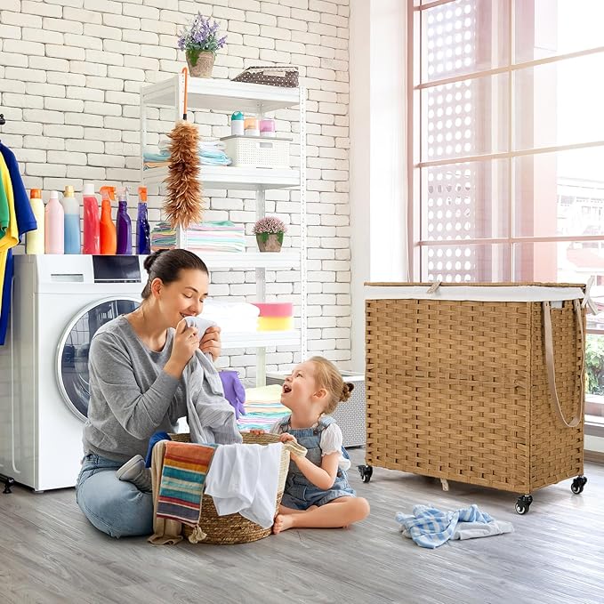 GOFLAME Laundry Hamper with Lid and Wheels, 125L Hand Woven Rattan Laundry Basket with 3 Divided Sections, Handles, 2 Removable and Washable Liner Bags, Dirty Clothes Hamper for Bedroom (Natural)