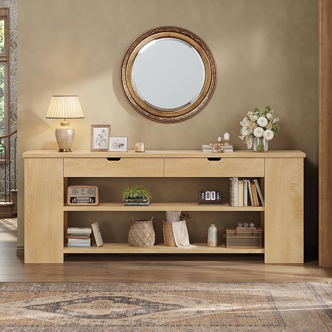 71.8" Extra Long Console Table, Farmhouse Entryway Table Behind Couch with Generous Storage and Built-in Outlet, Sturdy Sofa Table for Living Room, Entrance, Hallway, Foyer, Natural Wood