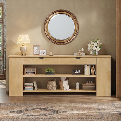 71.8" Extra Long Console Table, Farmhouse Entryway Table Behind Couch with Generous Storage and Built-in Outlet, Sturdy Sofa Table for Living Room, Entrance, Hallway, Foyer, Natural Wood